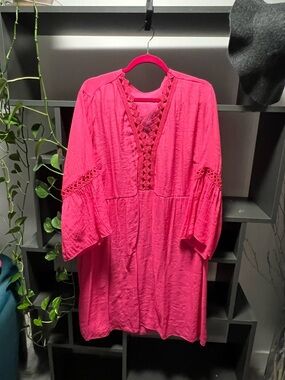 4 / $20 Bright Pink Semi-Sheer Crochet Trim Swim Coverup Tunic Dress